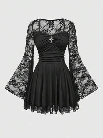 Goth Gothic Cross Lace Patchwork Square Neck Flare Sleeve A-Line Christmas Dress For Women