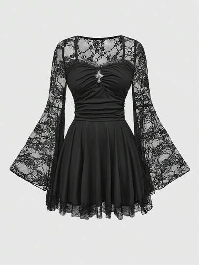 Goth Vestido de Navidad para mujer con cuello cuadrado, mangas acampanadas y parches de encaje en estilo gótico