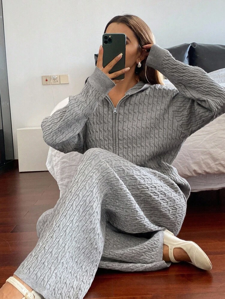2pcs/Set Women Thick Cable Knit Hoodie Sweater And Wide Leg Pants Casual Street Style Outfit, Autumn/Winter