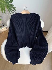 Comfortcana 大码海军蓝 V 领纽扣前长袖套头毛衣 - 藏蓝色 - 查看 2