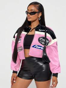 Radiana Women's Letter Print Color Block Short PU Leather Jacket, Motorcycle/Racing/Pilot Jacket, Versatile Outerwear For Autumn/Winter Jacket Y2k Baddie Outfit Jacket Women Racing Jacket Y2k Jacket Racer Jacket Pink Jacket Cropped Jacket