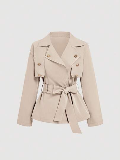 SHEIN MOD Women's Apricot Short Casual Loose Jacket With Belt, Autumn Outwear, Fall Coat,Fall Clothes,Cruise Women Outfits,Back To School