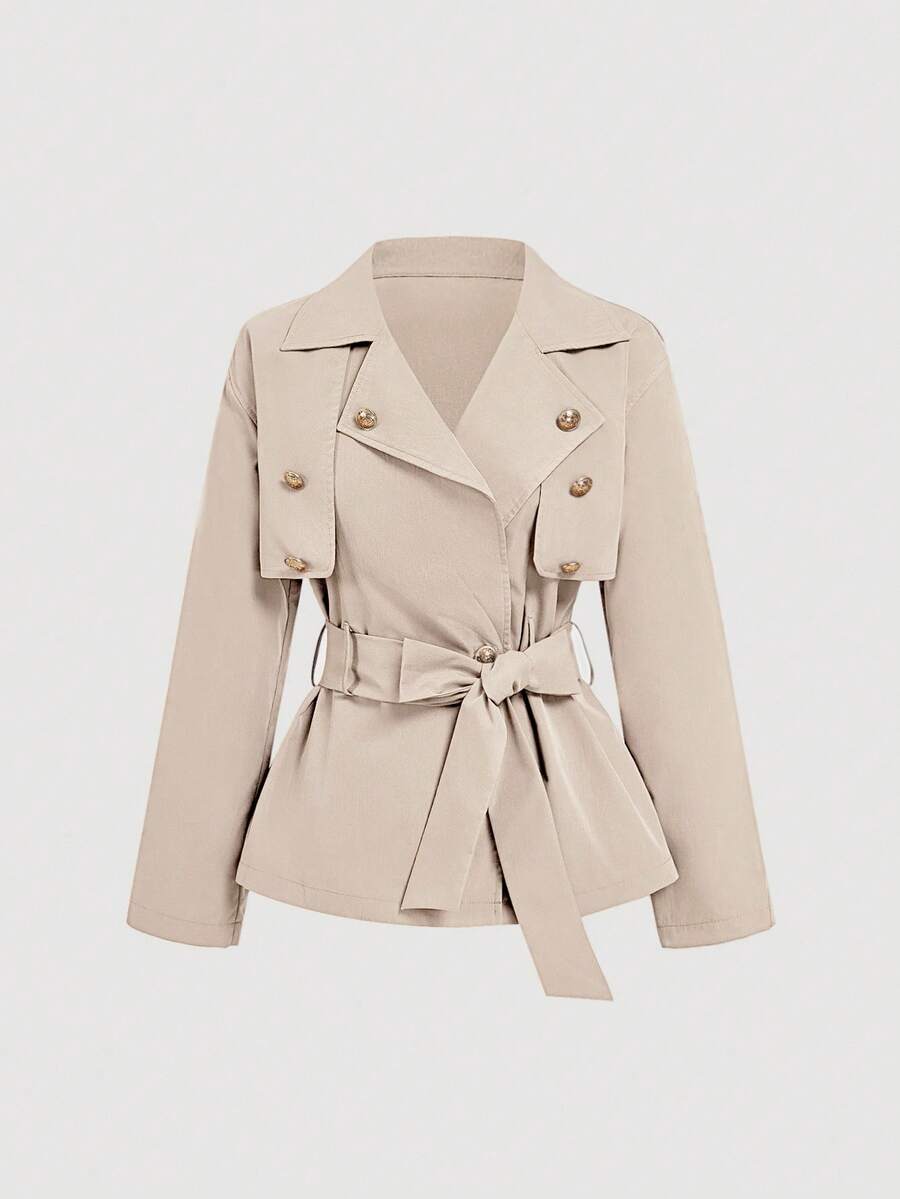 SHEIN MOD 女式杏色短款休闲宽松夹克（配腰带）、秋季外套、秋季大衣、秋装、巡航女装、返校装 - 杏色 - 查看 1