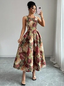 SHEIN Tall 女士无袖束腰优雅休闲长款连衣裙 - 彩色 - 查看 3