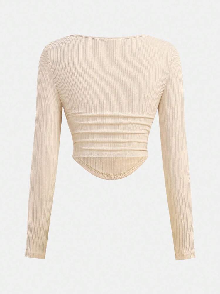 Girlism Teen Girls Back To School Casual Sports Streetwear Khaki Set, Long Sleeve Cropped T-Shirt With Ruched Design And Straight Leg Sweatpants - Khaki - View 6