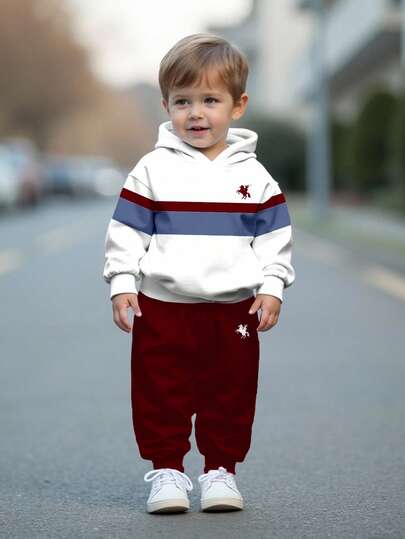 SHEIN Baby Boy Casual Minimalist Autumn New Arrival Classic Colorblock Cute Cartoon English Letter Sporty Loose Comfortable Soft Knit Hooded Sweatsuit, Suitable For Autumn/Winter