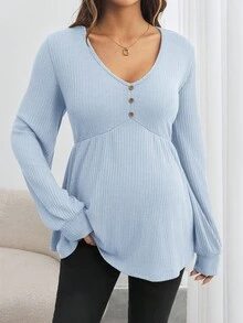 SHEIN Maternity Snap-Button V-Neck Long Sleeve Loose Fit Pregnancy T-Shirt