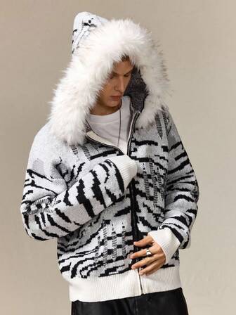 Street Life Cardigan con cappuccio a maniche lunghe con spalle a goccia, effetto consumato e motivo a zebra, per uomo, adatto per autunno/inverno