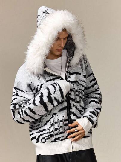 Street Life Cárdigan con capucha de manga larga con hombros caídos, con estampado de cebra y textura suave, para otoño/invierno