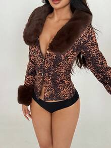 Flirla 1pc Women's Winter Jacket, Brown Patchwork Faux Fur Collar, Rabbit Fur, Deer Suede, Leopard Print, Waist Cinched, Casual & Commute, Slim Fit & Sexy - Brown - View 4