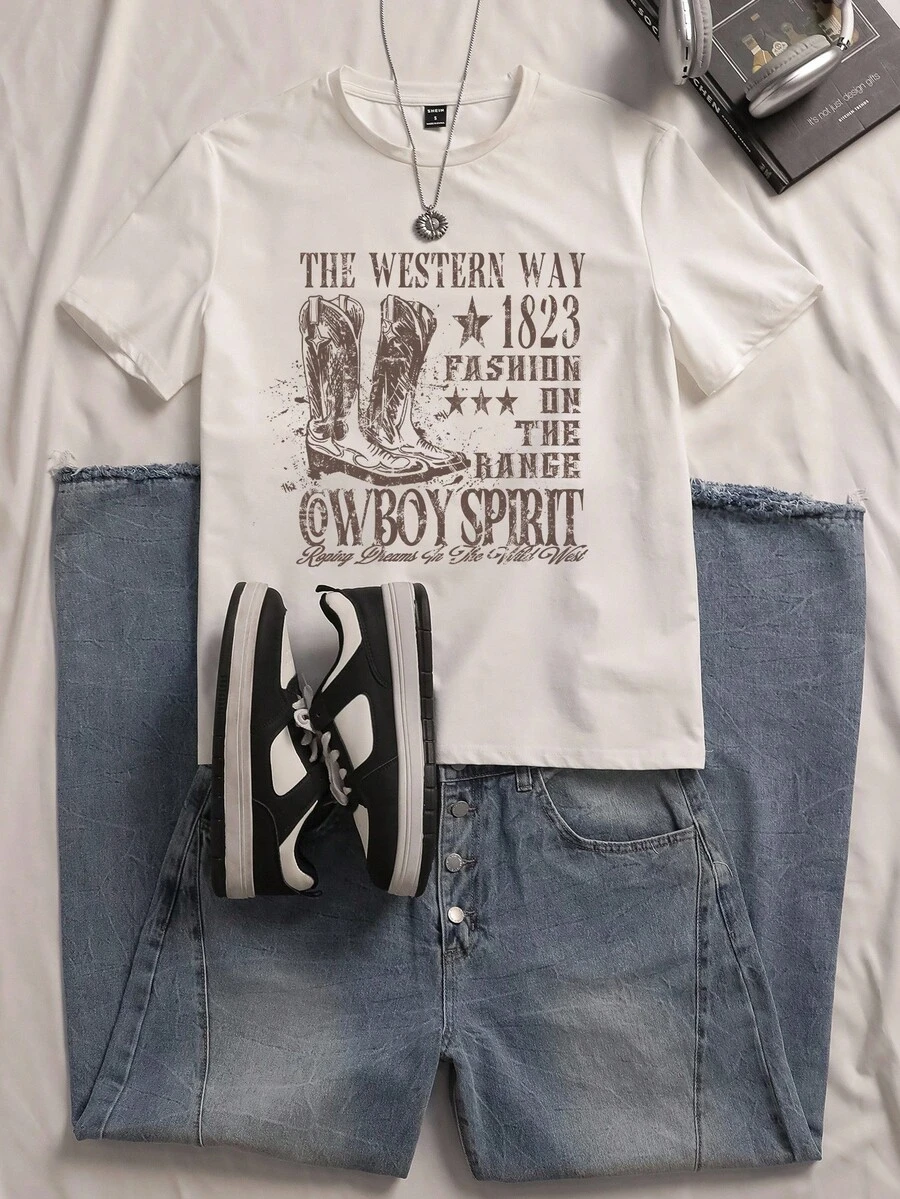 Manfinity Joysei 男士休闲标语和牛仔靴印花圆领短袖 T 恤 - 白色 - 查看 1