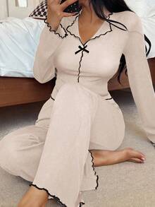 SHEIN 女式黑白撞色修身长袖上衣和裤子睡衣套装，秋冬秋季服装，舒适装 - 杏色 - 查看 3