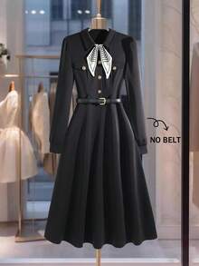 Franclia 女士休闲时尚简约百搭通勤修身灯笼袖金属纽扣围巾装饰长裙，秋冬 - 黑色 - 查看 1