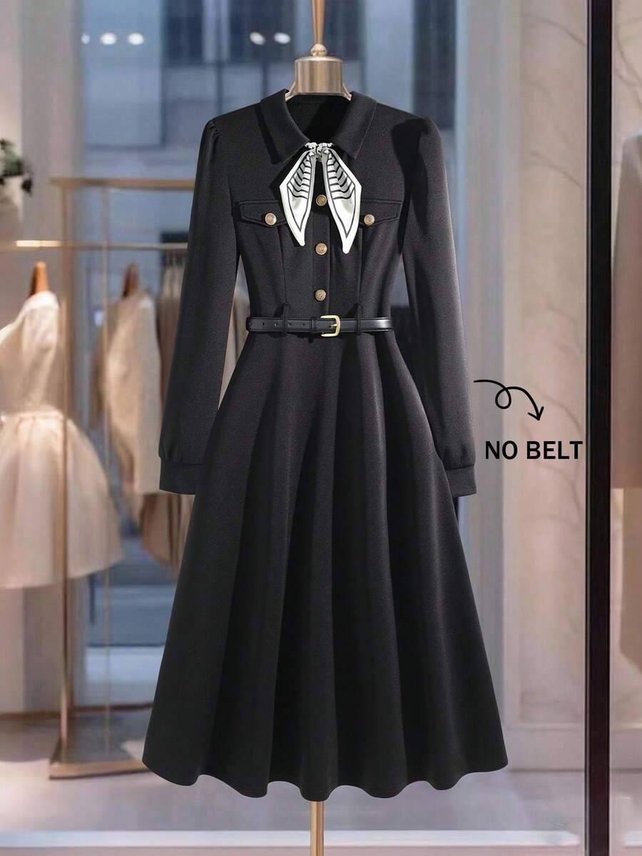 Franclia 女士休闲时尚简约百搭通勤修身灯笼袖金属纽扣围巾装饰长裙，秋冬 - 黑色 - 查看 1