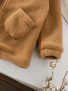 SHEIN Áo khoác lông dài tay có mũ, khóa kéo, túi, màu nâu dành cho bé gái, thoải mái, dễ thương, đa năng, thích hợp mặc hàng ngày. - Cà phê nâu - Xem 3
