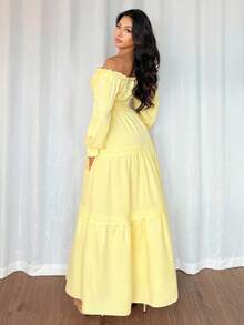 Elenzga 新款女式露肩泡泡袖前系带蝴蝶结腰部喇叭褶边拼接春秋度假休闲时尚年轻日常百搭优雅长裙 - 黃色 - 查看 2