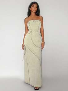 Jeanoix Women's Retro Denim Tube Dress - Mustard Yellow - View 3