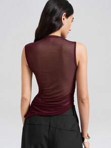 Ontre 2026 Spring/Summer New Asymmetric Asymmetrical Hem Oblique Collar Sleeveless Women's T-Shirt, Urban Commute Business Casual Wear, Office Lady Teacher Basic Top, Outdoor Top - Burgundy - View 6