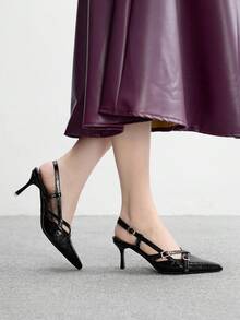 CUCCOO BIZCHIC Women's Pointed Toe Metal Rhinestone Buckle High Heel Pumps - Black - View 5