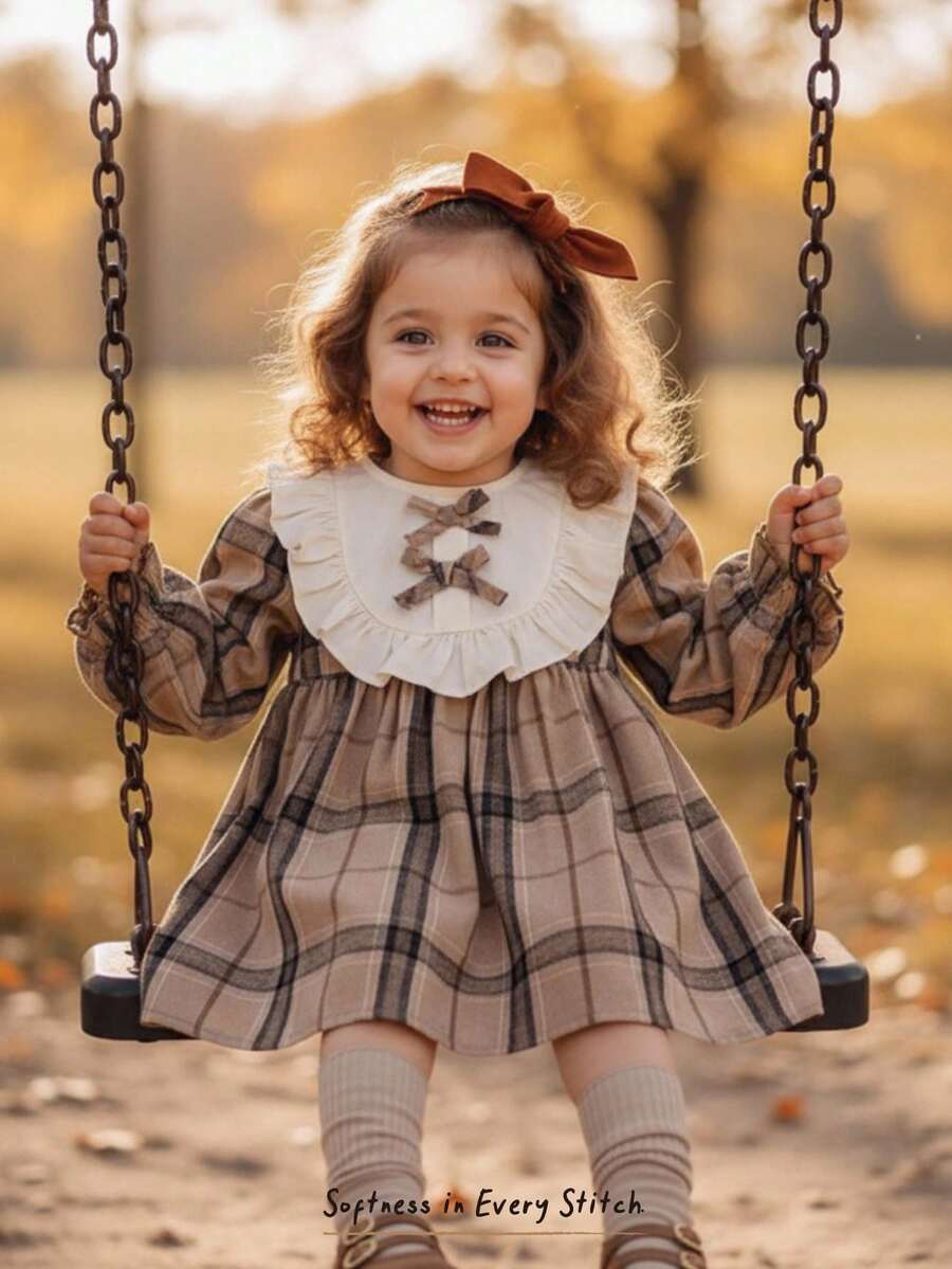 Cozy Pixies Baby Girl Brown Plaid Bow Contrast Color Peter Pan Collar Long Sleeve Waist Dress Fall Winter