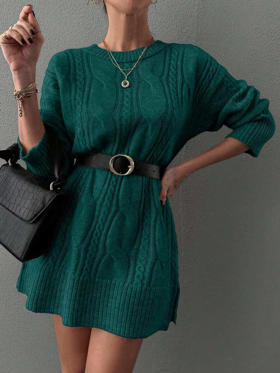EURMUSE Casual Loose Solid Color Long Sleeve Women Sweater Dresses - Dark Green - View 1
