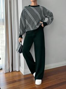 EURMUSE Women Balloon Sleeve Black And White Sweater Co-Ords Set - Dark Green - View 7
