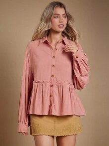 WESTFADE Collared Button Front Ruffle Peplum Long Sleeve Shirt Cute Fall Tops, Casual Cowgirl, Fall, Autumn, Boho, Winter, Country Concert, Western Wear For Women - Pink - View 5