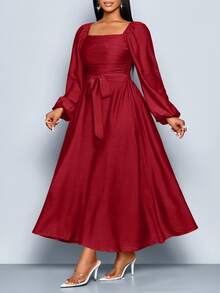 SOLERSUN Women's Plus Size Fall And Winter Frenchy Solid Color Square Neck Long Sleeve Front Ruched Ruffle Hem A-Line Casual Elegant Dress , Spring/Summer New Women's Dresses Fall Cloth For Women, Strap, Ginger Woven Fabric, Date Shopping Commuting Dress - Burgundy - View 1