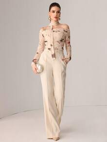 Modelyn Autumn Knitted Sexy Sheer Mesh Ribbon Print T-Shirt