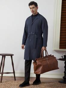 Core Aspect 男士纽扣前开襟长袖口袋简约休闲风衣，外出法兰绒风衣，送给朋友、丈夫、男友的礼物，男士长款海军蓝外套，2025新款男士秋冬畅销款，百搭外套，适合日常通勤、旅行，送给丈夫和男友的礼物，休闲简约风格，都市成熟风格，英伦绅士风格，男士收腰大衣 - 藏蓝色 - 查看 4