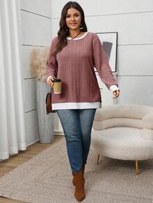 EMERY ROSE Plus Size Casual Colorblock Patchwork Side Slit Sweatshirt, Winter Outfit For Women - Red Violet - View 7