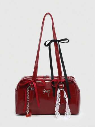 Kawaii Retro Cute Polka Dot Bowknot Decor Cherry Heart Shoulder Underarm Bag With Multiple Pockets For Women