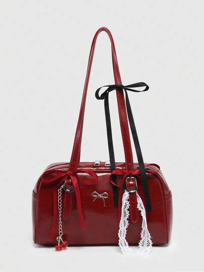 Kawaii Retro Cute Polka Dot Bowknot Decor Cherry Heart Shoulder Underarm Bag With Multiple Pockets For Women