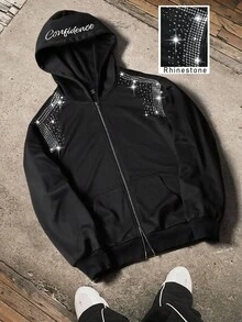 Manfinity Roghcode Men's Letter Embroidery Rhinestone Zip Up Hoodie Sweatshirt, Fall - Black - View 4