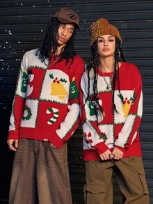 AXEPEAK Men's Casual Snowman Pattern Round Neck Drop Shoulder Long Sleeve Sweater, Autumn/Winter,Christmas