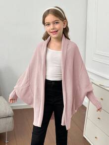 SHEIN Cardigan ample à manches chauve-souris décontracté pour préadolescentes, convient pour la maison, les sorties et l'école, automne/hiver - Rose pâle - Voir 6