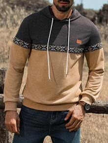 Manfinity Nomadique Men's Casual Contrast Texture Drawstring Hoodie, Spring And Autumn Outing Long-Sleeved Color-Blocking Hoodie, Gifts For Friends, Husbands, Boyfriends