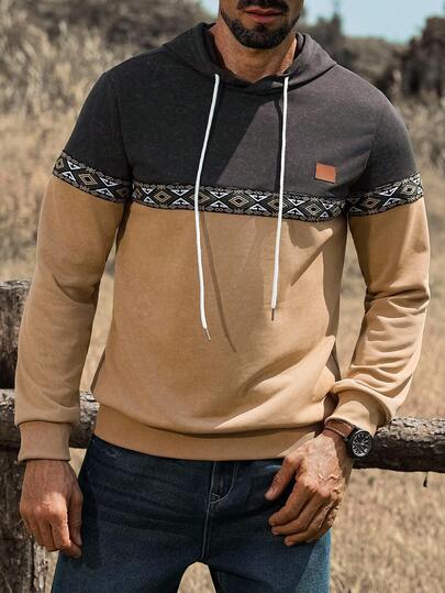 Manfinity Nomadique Herr casual huvtröja med kontrasterande textur och dragsko, vår- och höstutflykt långärmad huvtröja med färgblockering, presenter till vänner, män, pojkvänner