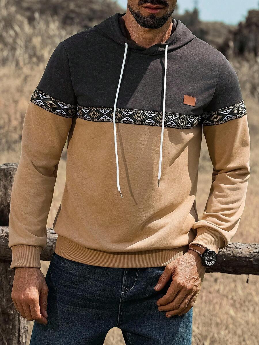 Manfinity Nomadique Men's Casual Contrast Texture Drawstring Hoodie, Spring And Autumn Outing Long-Sleeved Color-Blocking Hoodie, Gifts For Friends, Husbands, Boyfriends