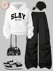 Sparklyn 2 件青少年字母印花连帽衫 + 美式绿色工装裤休闲街头套装，秋冬 - 黑與白 - 查看 1