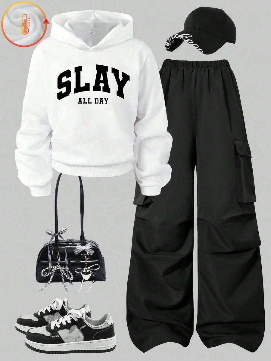 Sparklyn 2 件青少年字母印花连帽衫 + 美式绿色工装裤休闲街头套装，秋冬 - 黑與白 - 查看 1