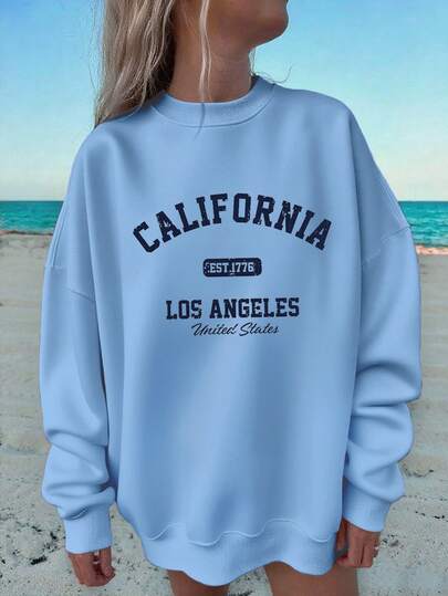 Veykashi Sweat-shirt-shirt ample à col rond imprimé graphique Californie Los Angeles minimaliste décontracté bleu clair, convient pour l'aéroport et le port de rue, vêtements d'automne et d'hiver pour femmes