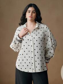 Anewsta Polka Punkt Kontrast Kragen Langarm Bluse in Große Größen, Lässig Resort Stil, geeignet für Herbst, Winter, Neujahr, elegant, schick, stilvoll, Weihnachten, Ausgehen - Schwarz und Weiss - Übersicht 4