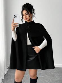 Elenzga Plus Size Women Elegant Buckle Collar Woolen Cape Coat