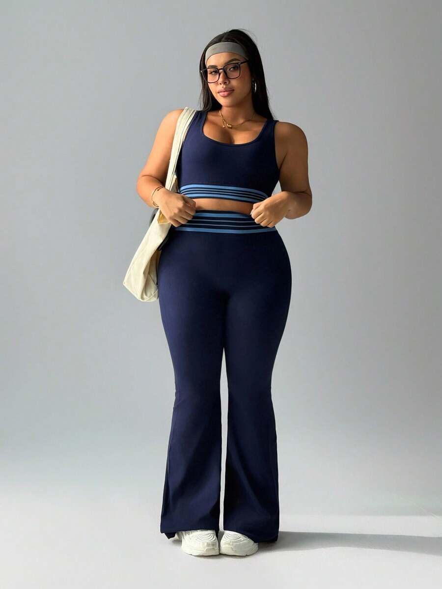 Rhythm Era Bộ đồ thể thao không tay và quần kẻ sọc chắp vá cỡ lớn cho nữ - Màu xanh hải quân - Xem 1