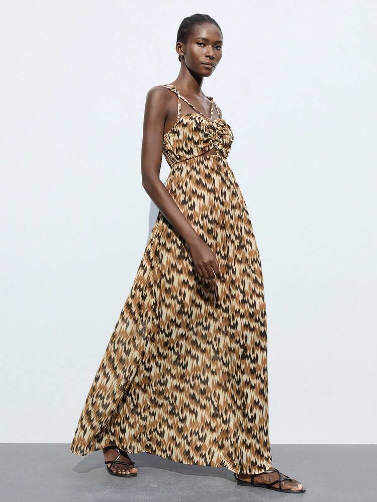 SHEIN Maija Urlaubsstil Kleid mit Bindeträgern, digitaler Chiffon-Bedruckung, ärmellos für Damen, mit Designdetails