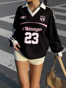 SHEIN EZwear 海军蓝色运动 Polo 衫，适合返校、秋冬季、体育赛事、篮球，尺码 23 女士休闲撞色 Polo 领运动衫 - 彩色 - 查看 5