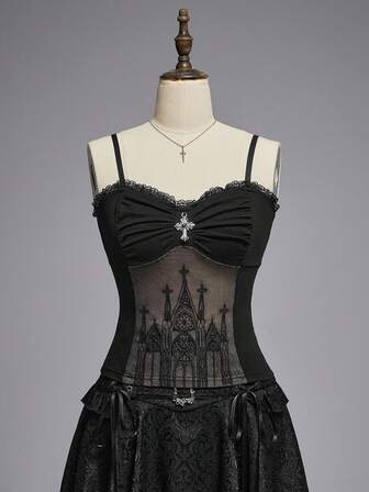 EDITION Tuta intera gotica da donna con pendente a croce, pizzo romantico e patchwork floccato