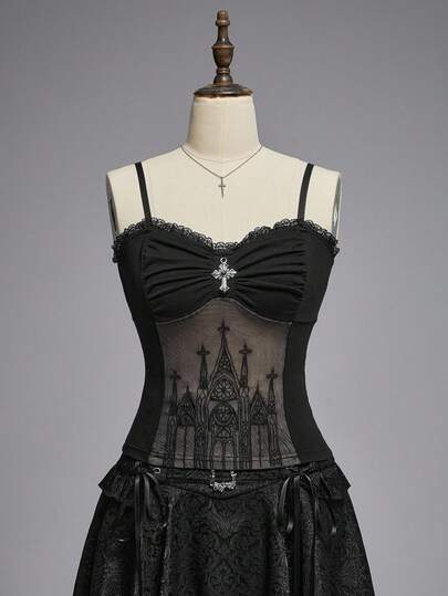 EDITION Bodyduit romántico de encaje con parches y cruz gótica para mujeres