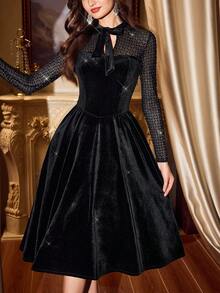 Vintamour Váy nữ cổ điển thanh lịch có túi, nơ đính đá lấp lánh, váy đen ngày lễ, váy thanh lịch cho nữ, váy thanh lịch cho tiệc tùng, váy dự tiệc thanh lịch cho nữ, quần áo mùa đông - màu đen - Xem 3